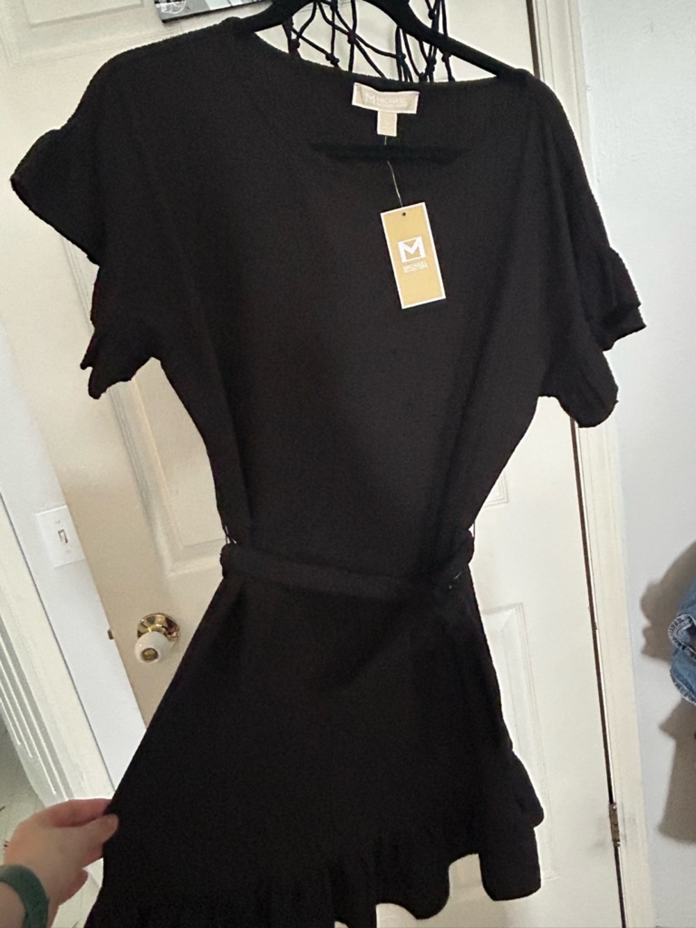 Michael Kors Black Short-Sleeve Belted Ruffle-Hem Mini Dress
